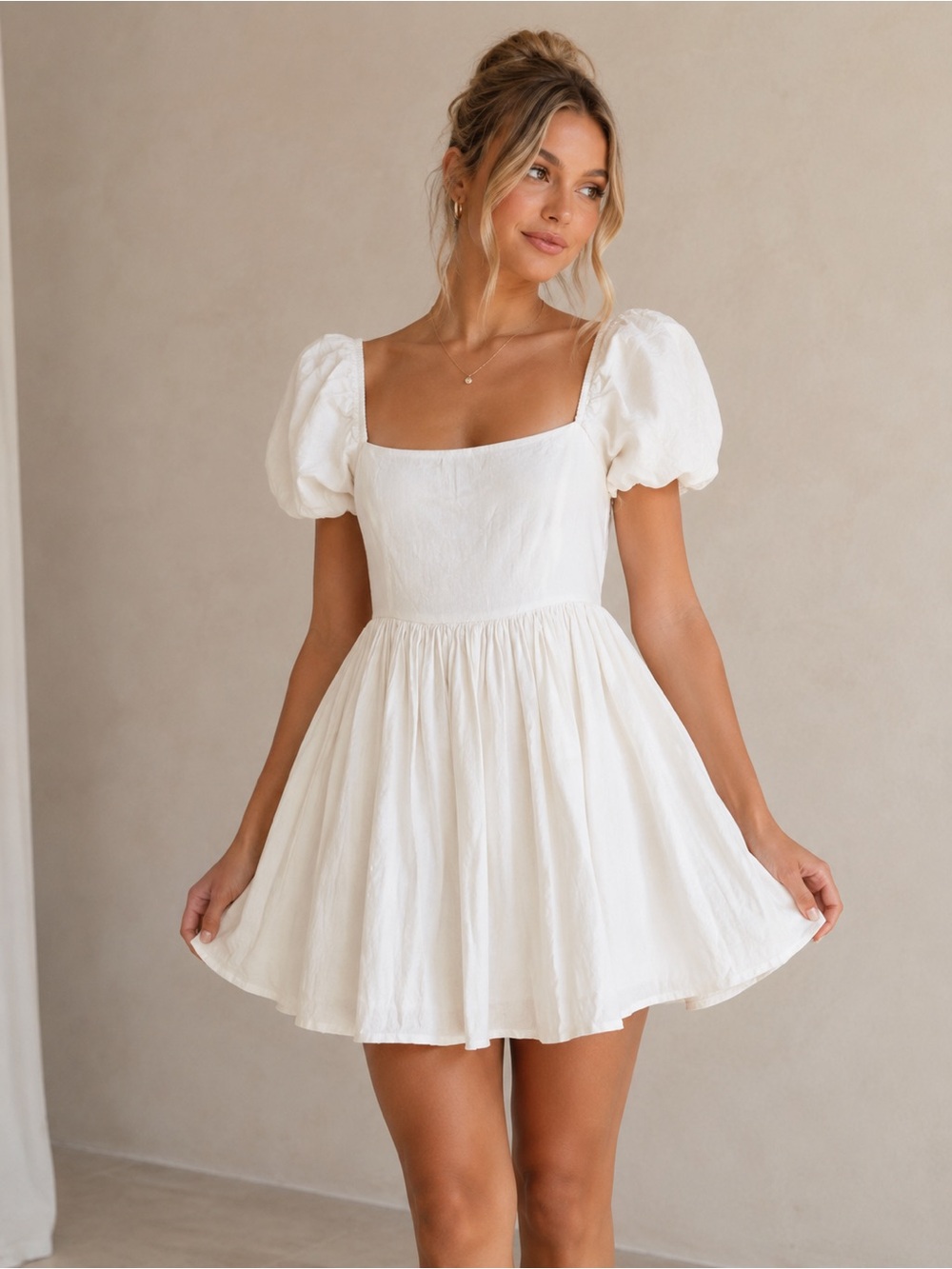 Mable Small Ivory Linen Blend Puff Sleeve Babydoll Mini Dress